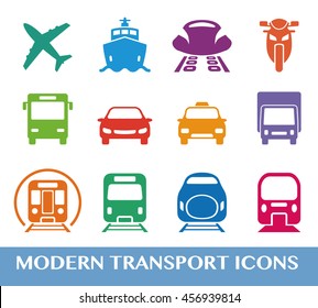 various transportation colorful icon set, including cars, trains, subway, monorail, linear motor car, airplane, ship, motorcycle