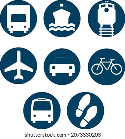 Various Transportation Icon Set, Including Cars, Trains, Subway, Monorail, Linear Motor Car, Airplane, Ship, Motorcycle