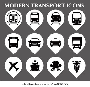 various transportation icon set, including cars, trains, subway, monorail, linear motor car, airplane, ship, motorcycle