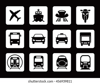 various transportation icon set, including cars, trains, subway, monorail, linear motor car, airplane, ship, motorcycle