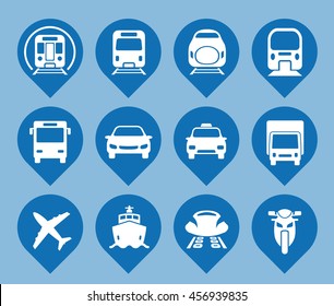 various transportation icon set, including cars, trains, subway, monorail, linear motor car, airplane, ship, motorcycle