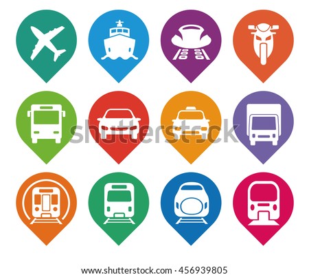 various transportation icon set, including cars, trains, subway, monorail, linear motor car, airplane, ship, motorcycle