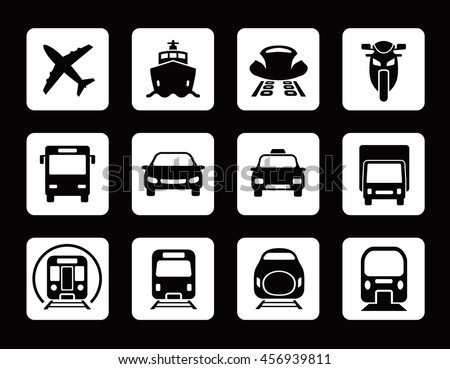 various transportation icon set, including cars, trains, subway, monorail, linear motor car, airplane, ship, motorcycle