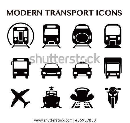 various transportation icon set, including cars, trains, subway, monorail, linear motor car, airplane, ship, motorcycle