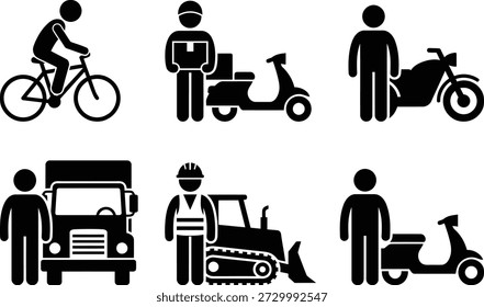 Various transportation modes and workers in simple icons