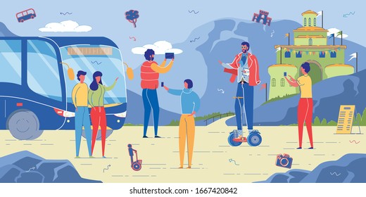 Various Transportation and Relocation Kinds. Excursion Group Guide Using Gyroscope in his Work for Moving on Tourists Route. Ecological Vehicle and Reducing Air Pollution. Flat Vector Illustration.