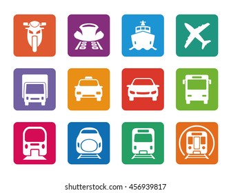 various transportation square icon set, including cars, trains, subway, monorail, linear motor car, airplane, ship, motorcycle