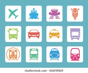 various transportation square icon set, including cars, trains, subway, monorail, linear motor car, airplane, ship, motorcycle