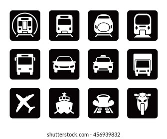 various transportation square icon set, including cars, trains, subway, monorail, linear motor car, airplane, ship, motorcycle