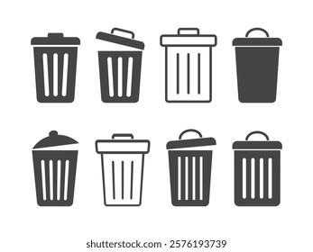 Various Trash Can Icons with Open and Closed Lids.