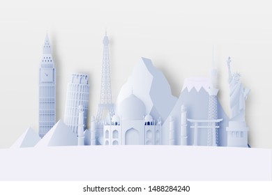Various travel attractions in paper art style and pastel color and famous tourist landmarks elements for travel and tour . Vector illustration