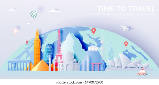 Various travel attractions in paper art style and pastel color and famous tourist landmarks elements for travel and tour . Vector illustration