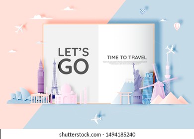 Various travel attractions in paper art style and pastel color and famous tourist landmarks elements for travel and tour . Vector illustration