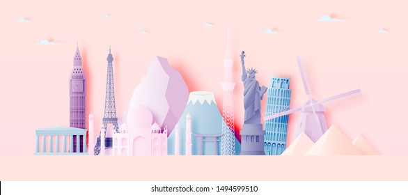 Various travel attractions in paper art style and pastel color and famous tourist landmarks elements for travel and tour . Vector illustration