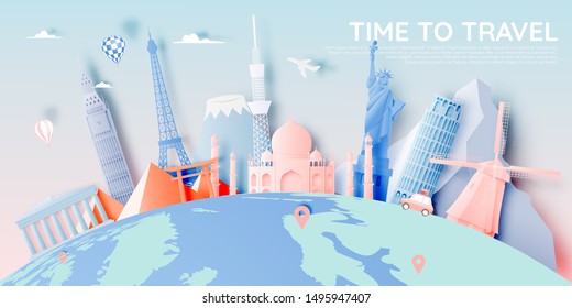 Various travel attractions in paper art style and pastel color and famous tourist landmarks elements for travel and tour . Vector illustration