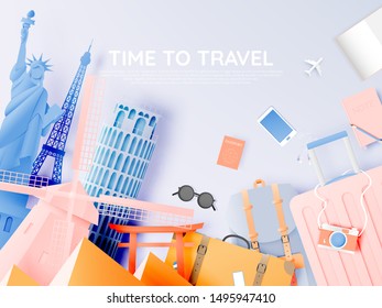 Various travel attractions in paper art style and pastel color and famous tourist landmarks elements for travel and tour . Vector illustration