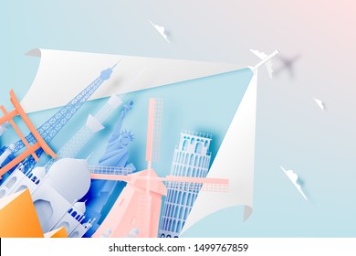 Various travel attractions in paper art style and pastel color and famous tourist landmarks elements for travel and tour . Vector illustration