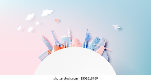 Various travel attractions in paper art style and pastel color and famous tourist landmarks elements for travel and tour . Vector illustration