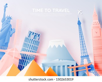 Various travel attractions in paper art style and pastel color and famous tourist landmarks elements for travel and tour . Vector illustration