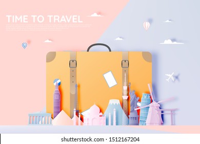 Various travel attractions in paper art style and pastel color and famous tourist landmarks elements for travel and tour . Vector illustration