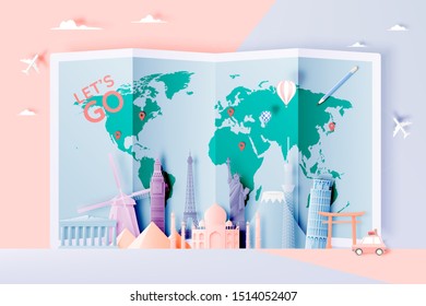 Various travel attractions in paper art style and pastel color and famous tourist landmarks elements for travel and tour . Vector illustration