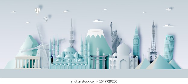 Various travel attractions in paper art style and pastel color and famous tourist landmarks elements for travel and tour . Vector illustration