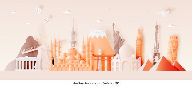 Various travel attractions in paper art style and pastel color and famous tourist landmarks elements for travel and tour . Vector illustration