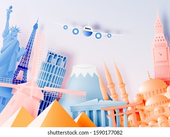 Various travel attractions in paper art style and pastel color and famous tourist landmarks elements for travel and tour . Vector illustration