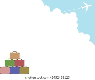 Various travel bags, airplanes and contrails taking off into the sky