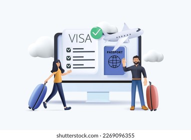 Various Travel Icons 3D. Characters Planning Trip and Choosing Destination, Preparing Travel Visa and Passport, Booking Flight and Hotels. Vacation and Tourism Concept. 3D Cartoon Vector Illustration