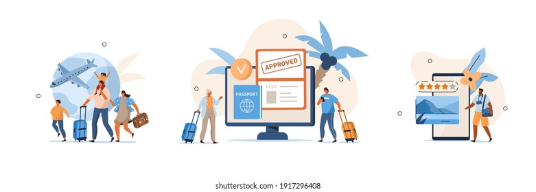 Various Travel Icons. Characters Planning Trip and Choosing Destination, Preparing Travel Visa and Passport, Booking Flight and Hotels. Vacation and Tourism Concept. Flat Cartoon Vector Illustration.