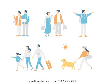 Various travel, sightseeing and vacation scenes. Families, pets, couples, solo travelers. Vector illustration set.