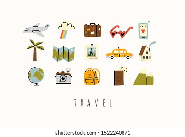 Vários ícones e logotipos de viagens, férias ou férias. Ilustrações vetoriais da moda desenhadas à mão. Estilo de desenho animado. Design plano. Arte ingênua. Todos os elementos estão isolados