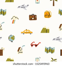 Various travel, vacation or holiday icons and logos. Cute hand drawn trendy vector illustrations. Cartoon style. Flat design. Naive art. Colorful seamless pattern