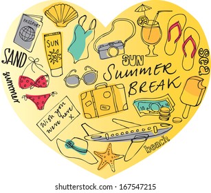 Various travel vacation icons arranged in heart shape