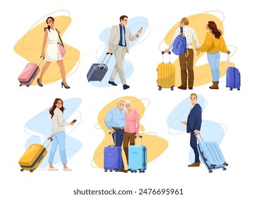 Various travelers with luggage on abstract backgrounds. Vector illustration