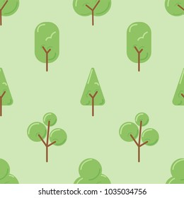 Various tree cartoon drawing on green background. Seamless design.