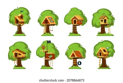 Various Tree Houses Set. Childrens Playgrounds Imitating Ship And Observatory Wooden Play Hut With Roof On Branches Old Oak Trees Colorful Rope Ladder For Climbing And Small Balcony. Vector Cartoon