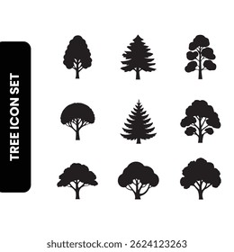 Various tree icon set vectors. Forest and nature concept. Collection of different tree symbols. Education and training poster design