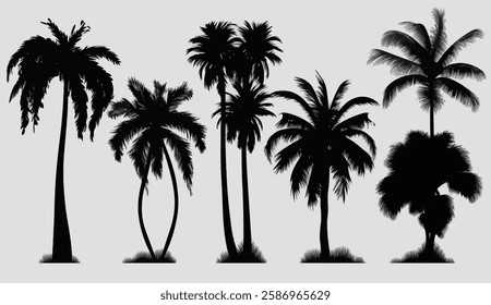 Various tree silhouettes in black, featuring diverse shapes and forms.