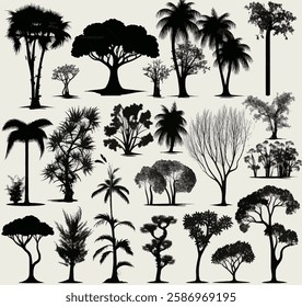 Various tree silhouettes in black, featuring diverse shapes and forms.