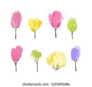 Various trees and bushes. Pink cherry blossom tree, green and yellow spring plants. Painted illustration with gouache texture. Set of design elements