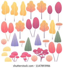 Various trees and bushes set. Simple autumn plants isolated on white. Landscape element design. Vector flat illustration.