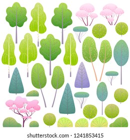 Various trees and bushes set. Simple spring plants isolated on white. Landscape element design. Vector flat illustration.