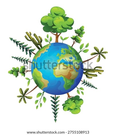 Various trees and cacti growing around the entire globe sphere. Vector cartoon illustration