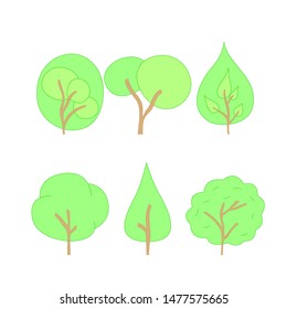 Various trees in a flat design. Isolated on white. Vector icons.