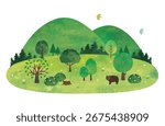 Various Trees and Forest Watercolor Landscape