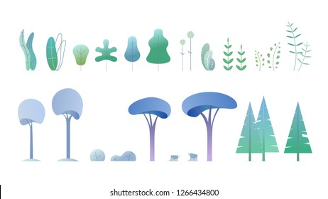 Various trees, herbs and shrubs in a flat style. Isolated simple cartoon trees on white background. Summer and Winter trees and other elements of nature to create a landscape. Vector illustration.