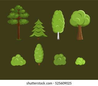 Various trees vector asset includes pine, birch, juniper, oak and bushes