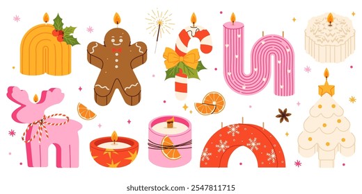 Various Trendy Christmas Candles Set. Different shapes and sizes. Gingerbread, deer, tree, jar candle. Noel home interior decor flat vector illustration set. Xmas candles collection. Hand drawn vector